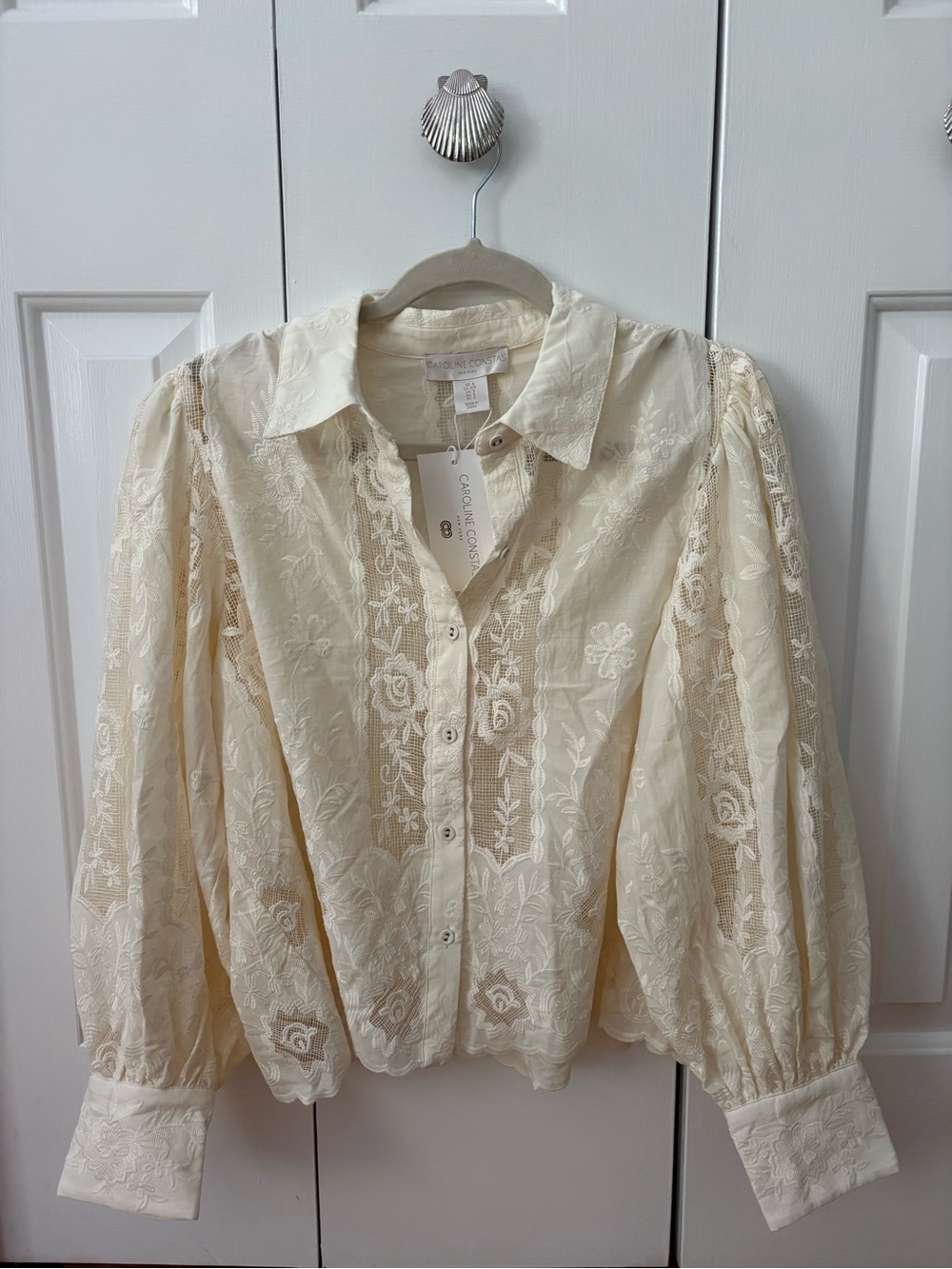 Caroline Constas Cream Lace Button-Down Blouse